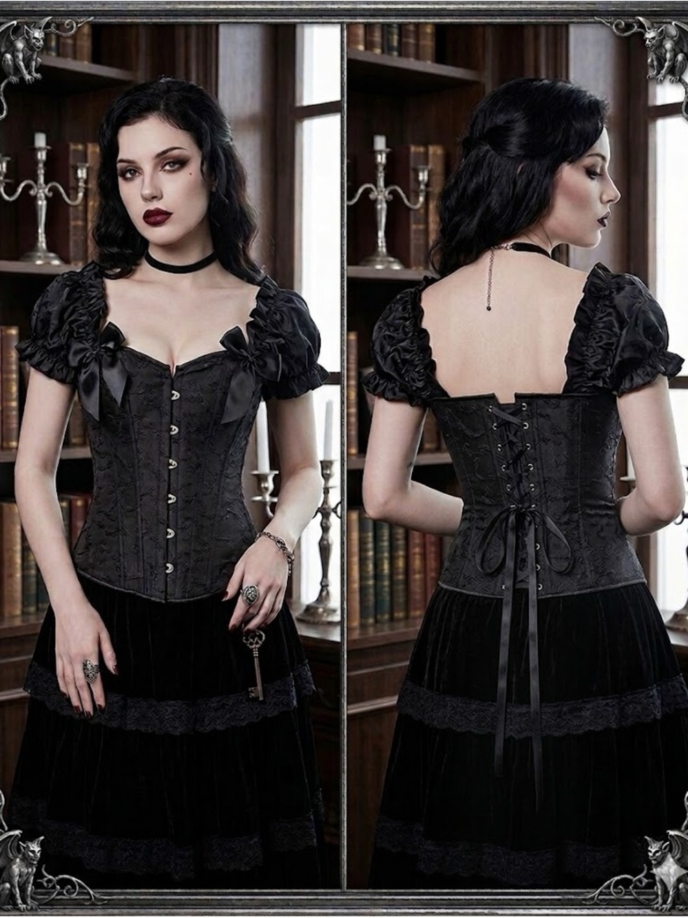 Luxurious Vintage-Inspired Gothic Corset Top – Satin Sleeves, Embroidered Detail